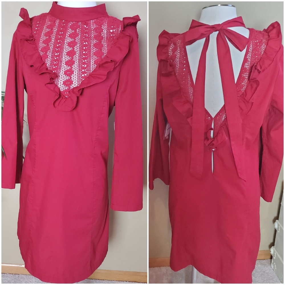 Free People High Neck Lace Red Shift Dress, L